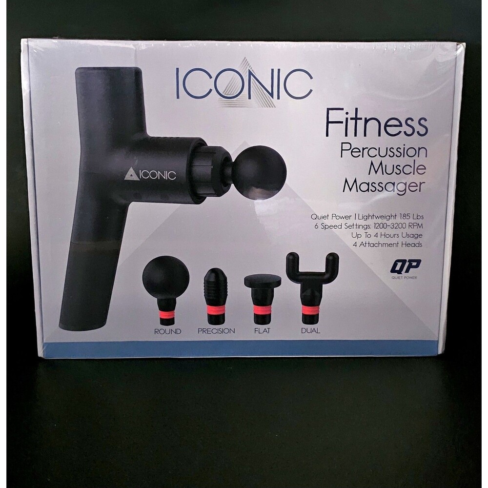Iconic Fitness Massager Percussion Hand Held 4 Heads 6 Speeds Black NEW SEALED!
